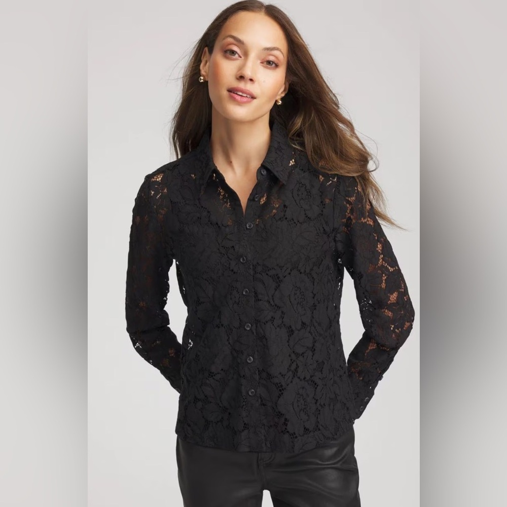 AURA Black Lace Button Up Top Down Y2K Sheer Long Sleeve Goth Romantic XL Large